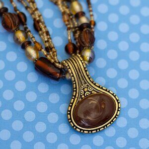 18 inch, Vintage Abstract Brown Oval Bead Gold Tone Multistrand Necklace - M35